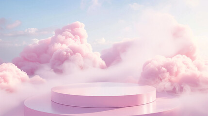 Pastel Pink 3D Product Display on Cloudy Platform with Geometric Stand. Minimalist Background with Dreamy Atmosphere and White Smoke.