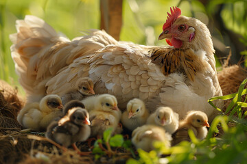 A cluster of newborn chicks huddled together under the protective wings of their mother hen, nestled in a cozy corner of the garden 4k.