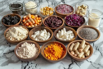 A variety of probiotics, food supplements, and health vitamins made from natural ingredients, displayed to promote gut health and overall wellness, possibly including capsules, tablets, and powders