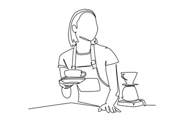 Continuous one line drawing drinking coffee concept. Doodle vector illustration.