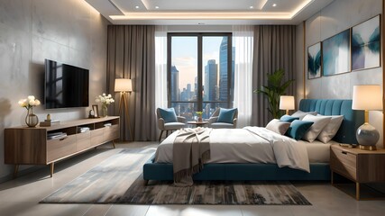 3d rendering, luxury hotel bedroom