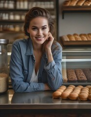 Beautiful young female baker in her bakery