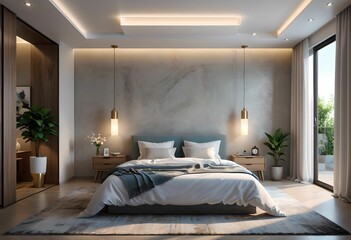 3d rendering, hotel room with bed