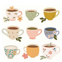 Obraz premium Illustrated Cozy Coffee and Tea Cup Collection 