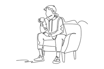Continuous one line drawing drinking coffee concept. Doodle vector illustration.