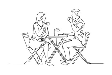 Continuous one line drawing drinking coffee concept. Doodle vector illustration.