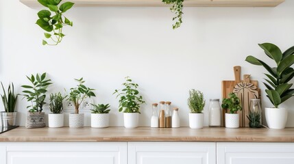 Fototapeta na wymiar simple, modern white kitchen backsplash with green house plants