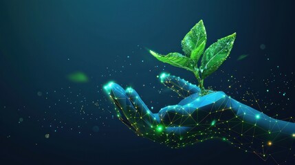 This illustration presents a futuristic eco and biotechnology concept, showcasing a glowing low poly hand holding green leaves against a dark blue background.