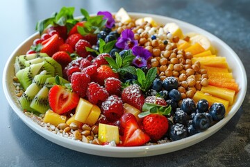 a white plate topped with lots of assorted fruits and veggies next to a pile of nuts and sprinkles