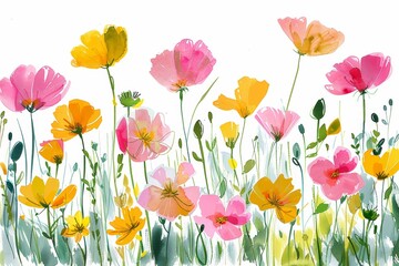 Fototapeta premium A joyful watercolor painting featuring a lively assortment of pink and yellow flowers with expressive green foliage.