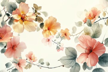 This watercolor illustration captures the ethereal beauty of blooming flowers on a branch, rendered in soft pastel tones.