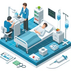 Hospitalized man lying in bed isometric illustration, white background space out, vector, illustration