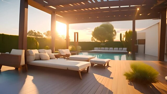 Outdoor Patio With Couch and Table by Pool Generative AI