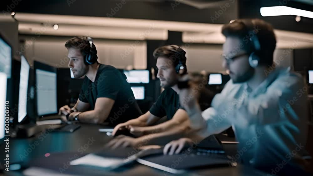 Poster group of men working at computer monitors generative ai
