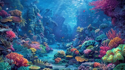 Colorful coral reef and fishes. Blue ocean underwater life with coral reefs and colorful fish.