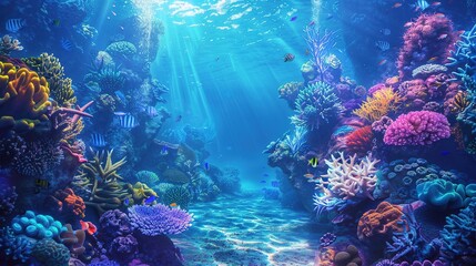 Naklejka premium Coral reefs and colorful fish. Blue ocean underwater life with coral reefs and colorful fish.