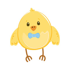 Cute Easter design for chicks. Vector illustration on a white background. Chicken boy with bow tie. Character. 