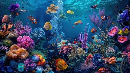Coral reefs and colorful fish. Blue ocean underwater life with coral reefs and colorful fish.