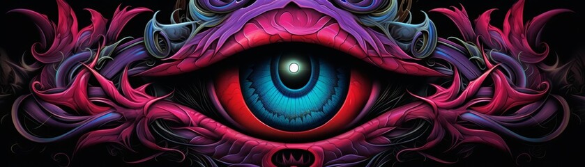 A hyper-realistic eyeball with intricate psychedelic patterns and vibrant colors. The eyeball is surrounded by a dark background.