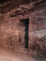 The entrance  of the main facade of The Treasury Al Khazn in Petra Historical Reserve in city of Wadi Musa in Jordan