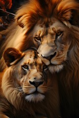 Naklejka premium lion and a lioness cuddling