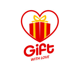 Gift box and heart love icon or birthday surprise or gifts shop, vector emblem. Red gift box with yellow ribbon in heart frame symbol for present store, wedding or Valentine and birthday surprise sign