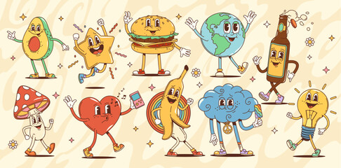 Cartoon groovy characters, mushroom and avocado, star and burger, globe and beer bottle, heart and banana, cloud and light bulb. Vector funky psychedelic personages in retro cartoon hippie 60s or 70s © Vector Tradition
