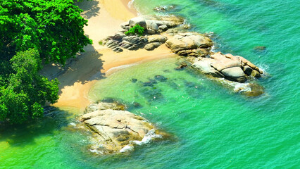 A pristine tropical paradise, where emerald waves gently kiss the shore, framed by lush palms. Tourists, like colorful seashells, dot the sandy canvas.
