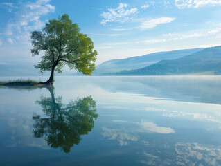morning view of lonely tree with mirror reflection in the lake - ai