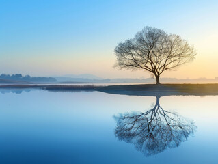 morning view of lonely tree with mirror reflection in the lake - ai