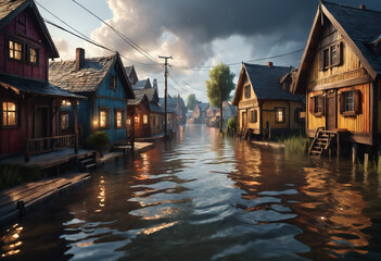 Fototapeta premium Flooded street in village. Generative AI