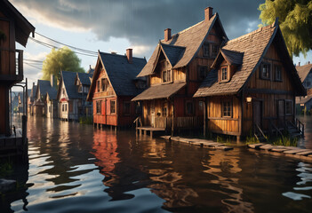 Fototapeta premium Flooded street in village. Generative AI