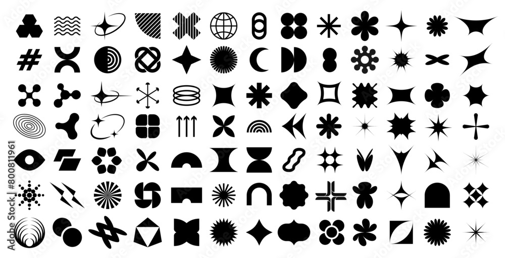Aufkleber Brutalism geometric figures and futuristic Y2K abstract shapes, vector icons. Abstract and simple primitive shape elements of star, sun or triangle and cubes with wave and spiral for Brutalism pattern