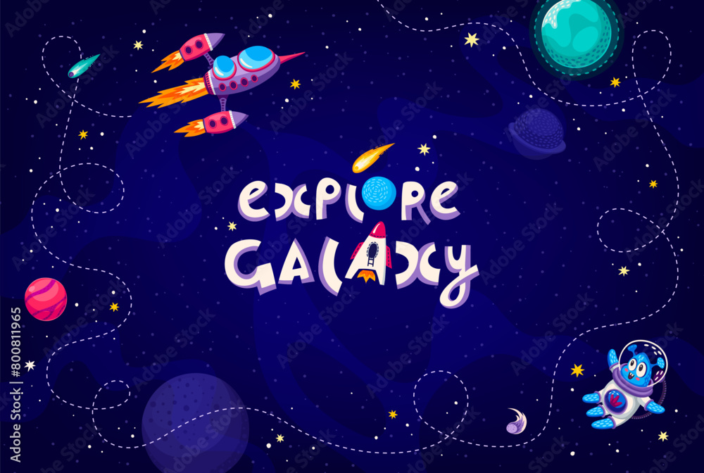 Poster cartoon galaxy space background with rocket path, stars and alien, vector poster. outer space frame 