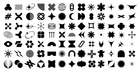 Brutalism geometric figures and futuristic Y2K abstract shapes, vector icons. Abstract and simple primitive shape elements of star, sun or triangle and cubes with wave and spiral for Brutalism pattern