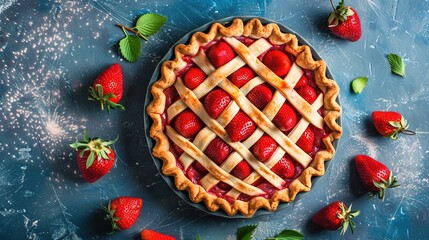 Concept of National Strawberry Rhubarb Pie. Sweet strawberry pie on blue background. Strawberry and rhubarb tart with a lattice topping. Cake with fresh strawberries. Copy space area for text.