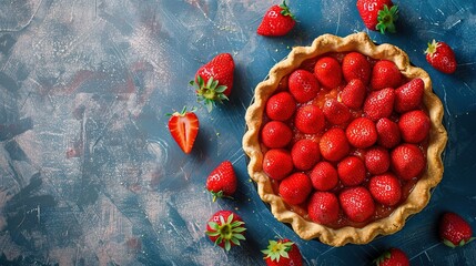 Concept of National Strawberry Rhubarb Pie. Sweet strawberry pie on blue background. Strawberry and rhubarb tart with a lattice topping. Cake with fresh strawberries. Copy space area for text.