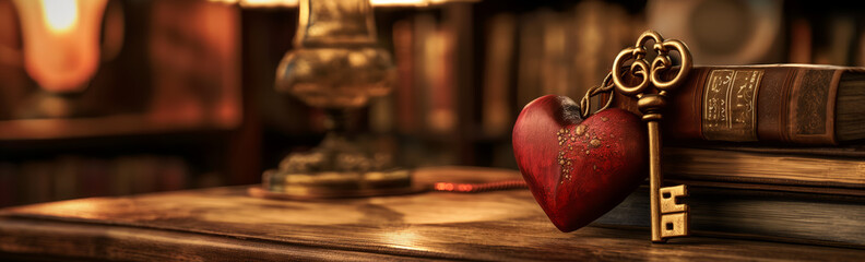 A heart-shaped object and an antique key resting on a stack of books beside a vintage lamp on a wooden shelf