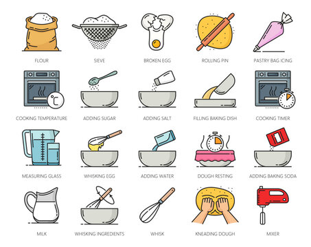Color home bakery and pastry icons, cooking symbols of vector line food bake oven, flour and dough, kitchen tools and utensils. Eggs, spoon, bowl, whisk and mixer, sieve, rolling pin and pastry bag