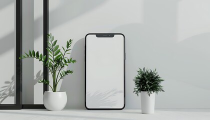 mock-up illustration of a handphone with a white screen in a modern room