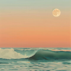 Pastel waves under a moonlit sky, delicate shades of peach and seafoam reflecting the moon’s glow  background