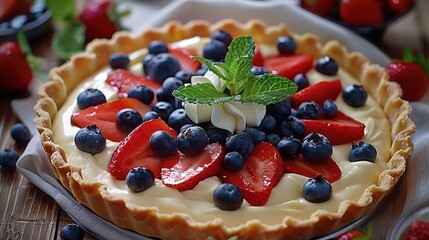 Concept of National Strawberry Rhubarb Pie. Cake topped with cheese, strawberries and blueberries...