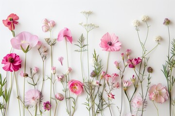 Assorted Pink Spring Flowers on White Background
