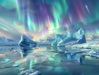 A breathtaking panoramic image of a glacier lagoon with majestic icebergs, all bathed in the vibrant colors of the aurora borealis.