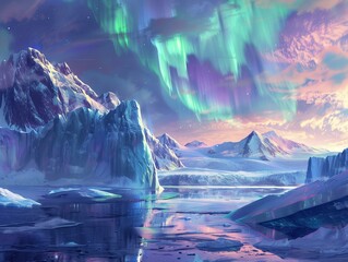 A breathtaking panoramic image of a glacier lagoon with majestic icebergs, all bathed in the vibrant colors of the aurora borealis.