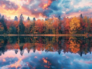 Obraz premium A breathtaking panoramic image of an autumn forest with a vibrant mix of red, orange, and yellow leaves, and a winding river flowing through the scene.