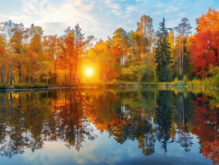 Obraz premium A breathtaking panoramic image of an autumn forest with a vibrant mix of red, orange, and yellow leaves, and a winding river flowing through the scene.