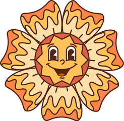 Groovy flower, cartoon retro funky face and happy smile, comic vector. Groovy hippie flower with psychedelic petals and freaky silly funny face, cartoon character of disco rave and hipster pop art