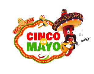Cinco De Mayo banner, Mexican chili pepper mariachi character in sombrero, cartoon vector. Mexican holiday Cinco De Mayo greeting, chili pepper with mustaches playing guitar with maracas for fiesta