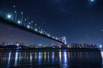 Fototapeta premium Envision the tranquility of a starry night beneath the bridge, where the city's lights twinkle overhead and the gentle lull of the river sings, Generative AI